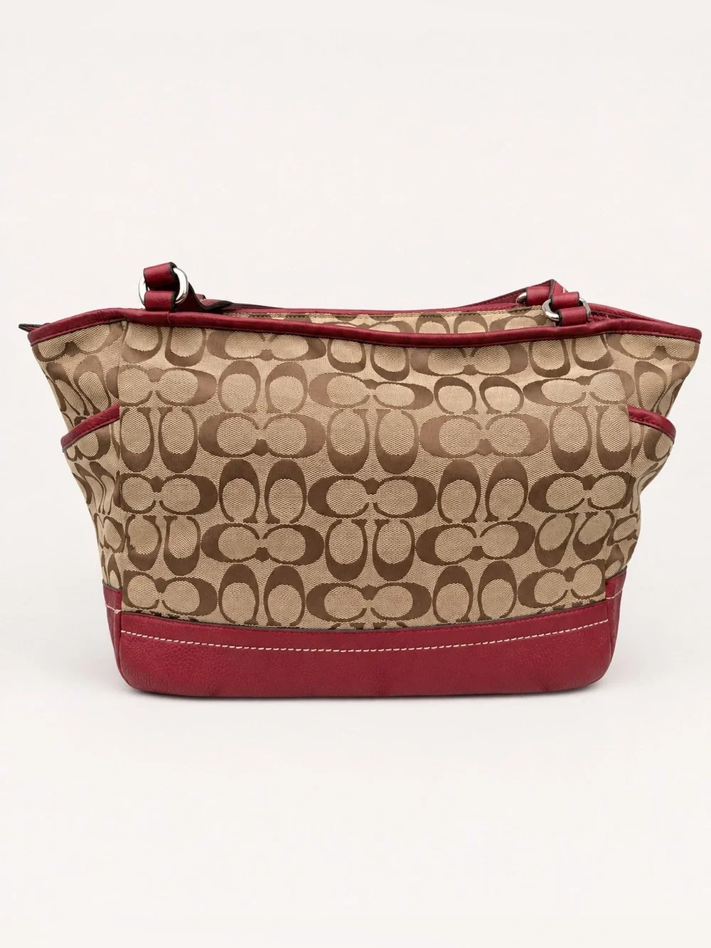 Coach Signature C Carrie Tote Shoulder Bag Burgundy Leather Y2K Style